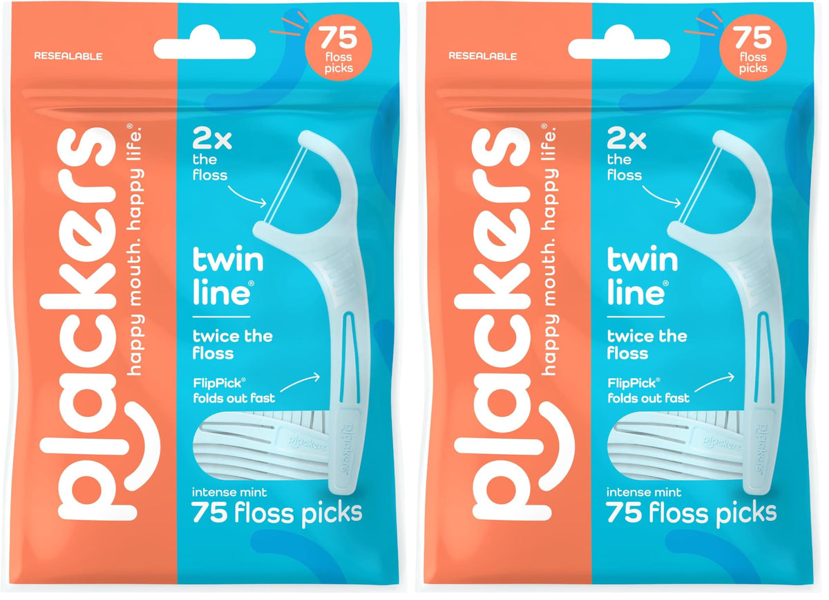 Plackers Twin Line Floss Picks, Intense Mint, 75 Count