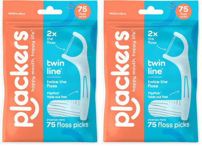 Plackers Twin Line Floss Picks, Intense Mint, 75 Count