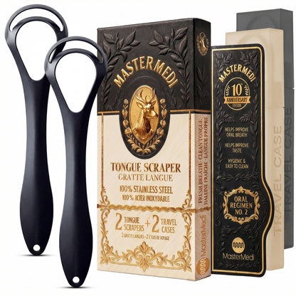 MasterMedi Tongue Scraper with Case Easy to Use Tongue Scraper for Adults, Tongue Cleaner for Oral Care & Hygiene Copper Set of 2 (with Travel Case)