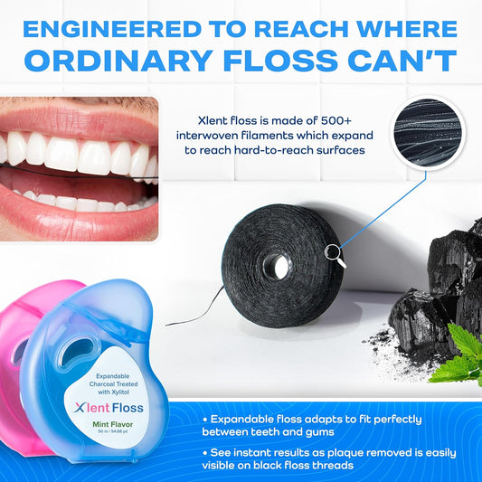 XLENT Expandable Charcoal Dental Floss, Refillable, Mint, 328ft, 2-Pack